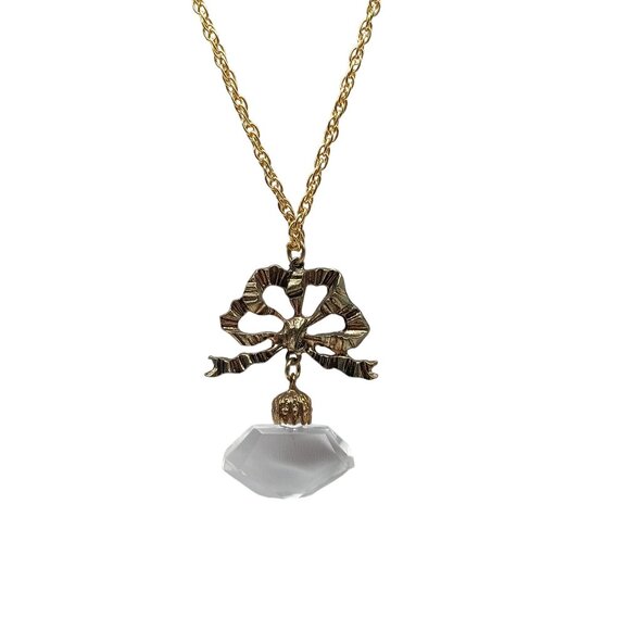 Vintage Gold Tone Bow Pendant Necklace with Clear Drop on Chain - Picture 3 of 4
